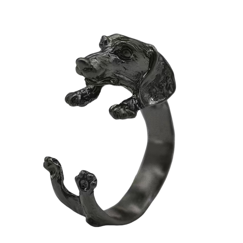Black Silver Dachshund Wrap Style Unisex Ring